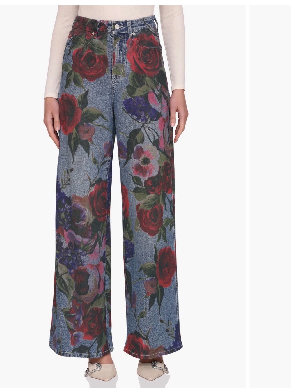 NWT Avec Les Filles Floral Print High Waist Wide Leg Jeans
